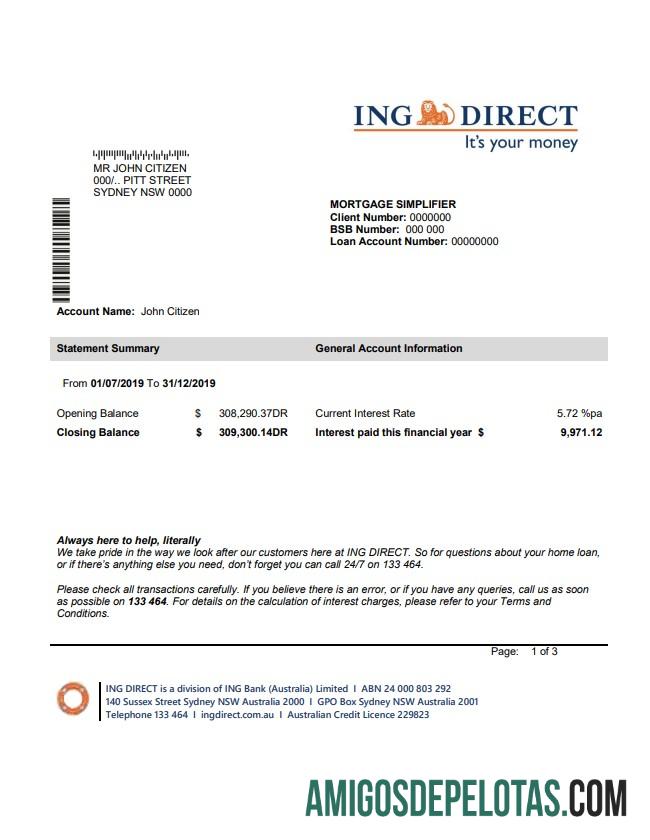 Exemplo de extrato bancário direto do ING da Austrália